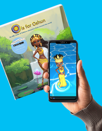 O is for Oshun hardcover AR book standing upright with vibrant cover art
