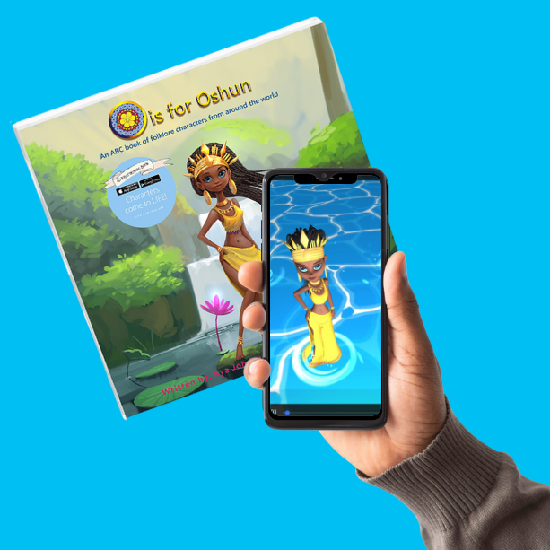 O is for Oshun hardcover AR book standing upright with vibrant cover art