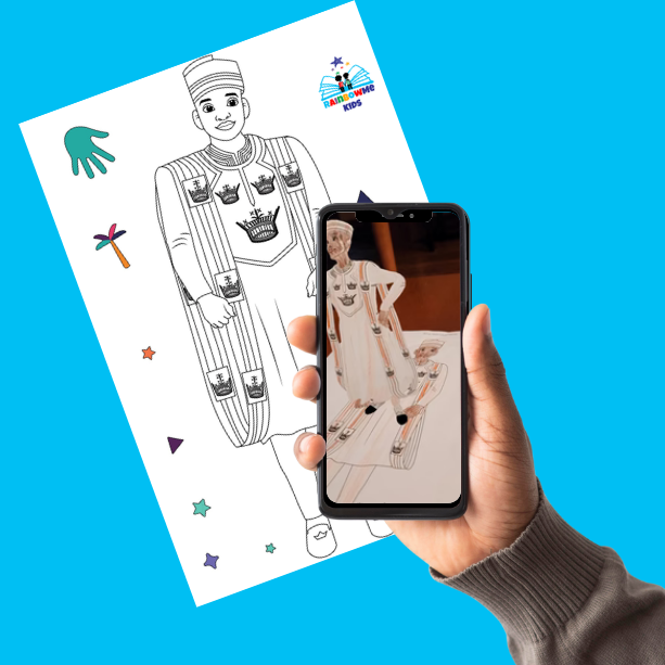 Printable AR coloring pages from the Oshun Experience Pack laid out on a table