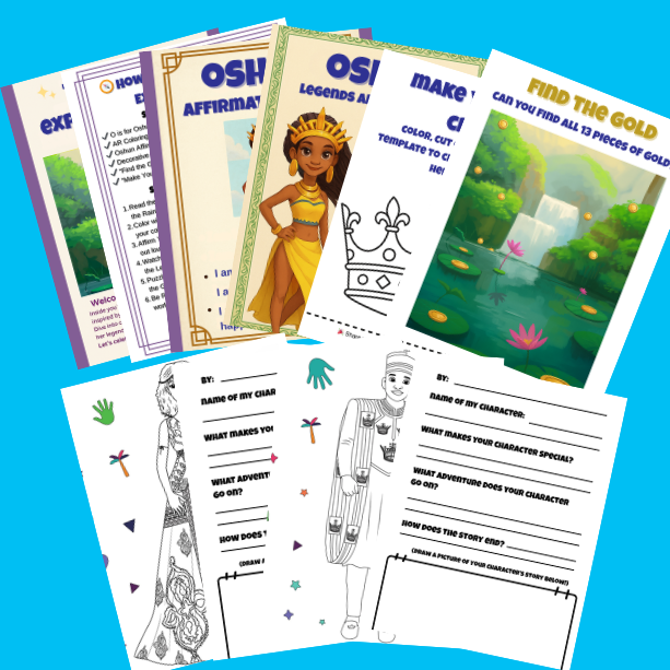 Digital download pages from the Oshun Experience Pack including puzzle, affirmation, and crown craft